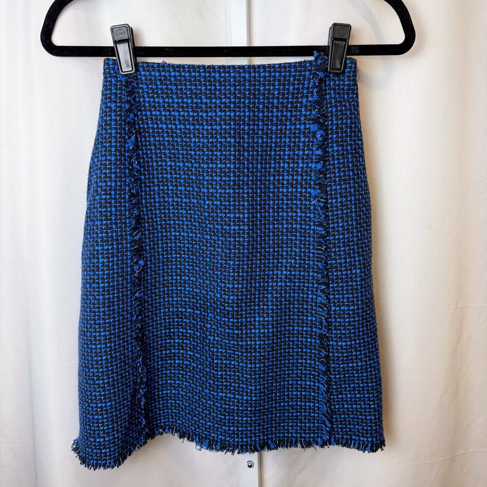 BOSS Hugo Boss Blue Black Tweed Fringe‎ Skirt US 0 Old Money Office Professional
